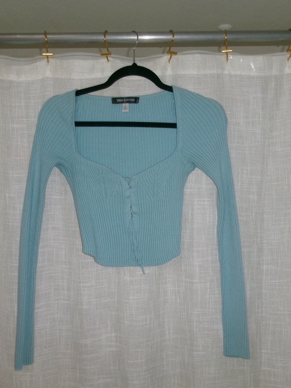 Ribbed Long Sleeve Square-Neck Knit Crop Top - Light Blue